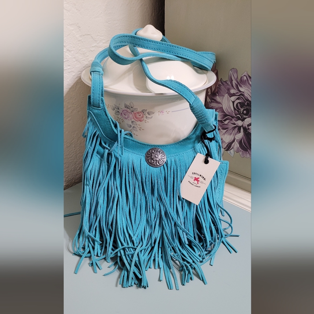 Idyllwind Turquoise Fringe Sueded Leather Crossbody Bag